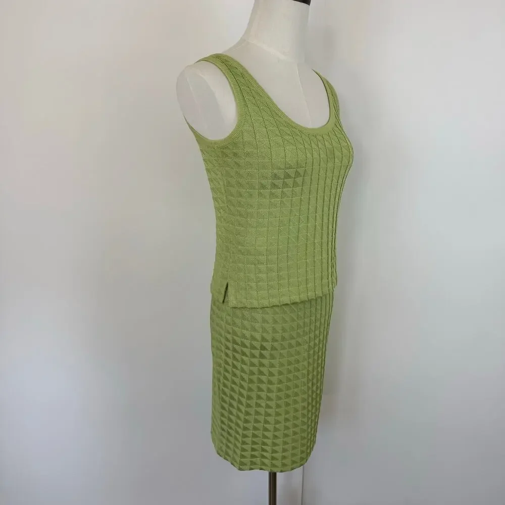 St. John Matching SET Santana Knit Sleeveless Top and Skirt Lime Green S/2